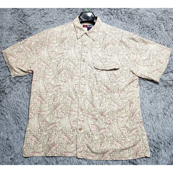 Reel Legends Vented Fishing Shirt Mens Large Tan Red Fish Palm Trees Button Up‎ - Picture 1 of 12